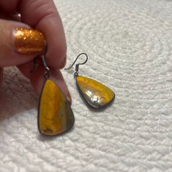 Rustic BUMBLE BEE JASPER Handmade Black Metal Dangle Earrings #745D - Picture 2 of 3